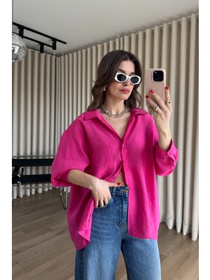 Sue Store Fuşya Oversize Modal Kumaş Gömlek