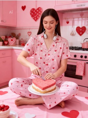 NiCe İç Giyim Kalp Desen Pembe Renk Gömlek Yaka Düğmeli Kısa Kol Kadın Pijama Takım