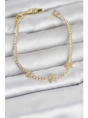 Pileli Store Pirinç Gold Renk Minimal Yıldız Model Zirkon Taşlı Su Yolu Kadın Bileklik - TJ-BB8379