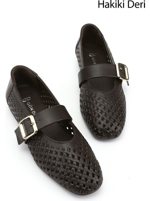 Gönderi(r) Kadın Kahve Antik  Baskılı Mary Jane Hakiki Deri Babet