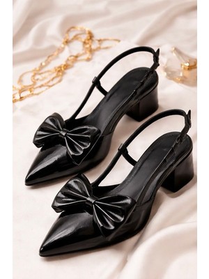 papucumun dünyası Deri Fiyonklu  Kalın Kısa Topuklu Kadın  Ayakkabı