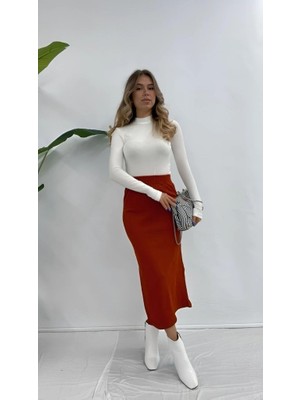 Şamdan Kiremit Renk Yüksek Bel Midi Kalem Etek