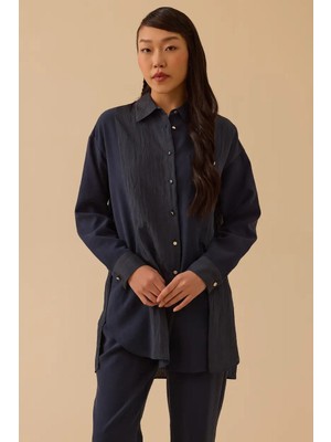 Seçil Kadın Çift Kumaşlı Düğmeli Tunik - Lacivert