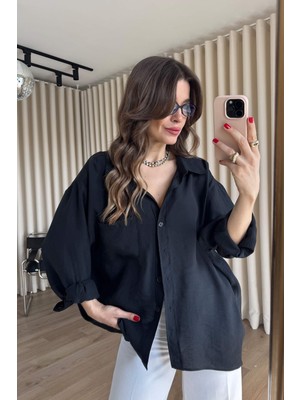 Sue Store Siyah Oversize Modal Kumaş Gömlek