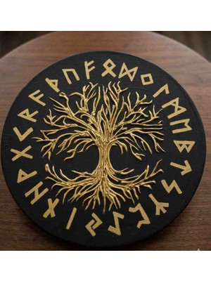 Hayat Ağacı ve Viking Runik Semboller El Işçiliği Kabartmalı Duvar Tablosu (Siyah - Altın)