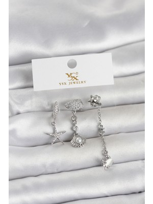 Pileli Store Pirinç Gümüş Renk Zirkon Taşlı Deniz Temalı 3'lü Kadın Küpe - TJ-BKP11702