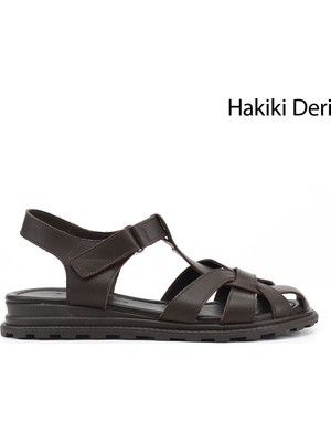 Gönderi(r) Kadın Kahve  Cırt Bantlı Burnu Kapalı Hakiki Deri Sandalet