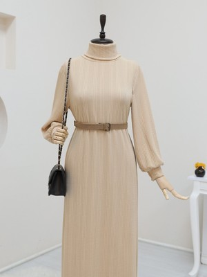 Modamorfo Balıkçı Yaka Kemerli Likralı Elbise -Vizon