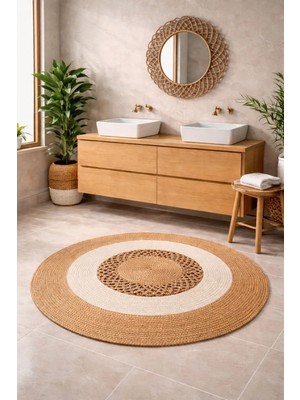 Home İnn Bohem Hasır Görünümlü Yuvarlak Halı & Örgü Çerçeveli Ayna Seti | Doğal Banyo Salon Dekorasyonu