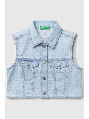 United Colors Of Benetton Denim Kadın / Kız Kj_logo Işleme Detaylı Düğmeli Önü Cepli Denim Yelek Model Kodu: 22P6CJ011DENIM