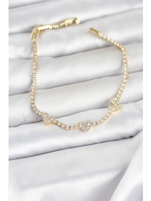Pileli Store Pirinç Gold Renk Kalp Model Zirkon Taşlı Su Yolu Kadın Bileklik - TJ-BB8375