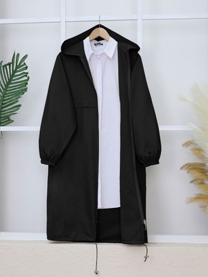 Modamorfo Boydan Fermuarlı Kapşonlu Uzun Yağmurluk -Siyah