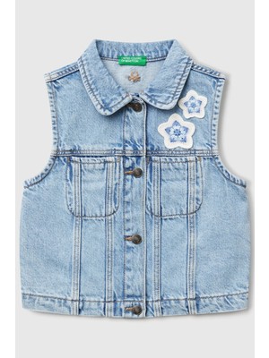 United Colors Of Benetton Denim Kadın / Kız Kk_önü Makrome Detaylı Logo Işlemeli Regular Fit Denim Yelek Model Kodu: 22MHGJ00NDENIM