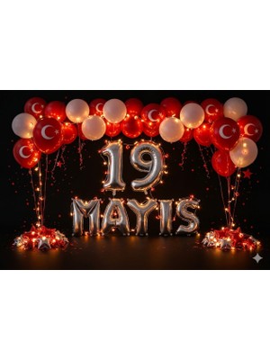 Tedaks Ay-Yıldız Ledli 19 Mayıs Bayram Temalı Gümüş Folyo Rakam ve Harf Kırmızı Beyaz Ay Yıldız Balonlar