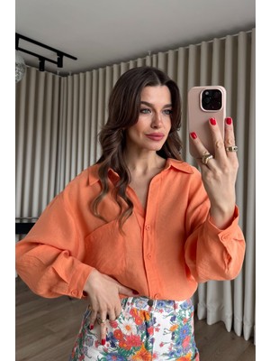Sue Store Turuncu Oversize Modal Kumaş Gömlek