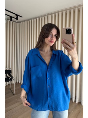 Sue Store Saks Mavi Oversize Modal Kumaş Gömlek