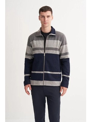 Cazador Hazır Örme Çizgili Vintage Yün Karışımlı Regular Fit Fermuarlı Sweat Hırka
