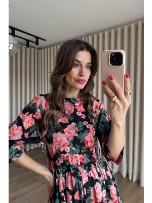 Sue Store Yeşil Somon Çiçekli Bisiklet Yaka Kemerli Elbise