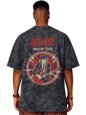 Sevbano Tasarım Ac Dc Rock Metal Müzik Grubu Sırt Baskılı Unisex Oversize Vintage Yıkamalı Tişört