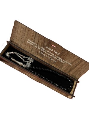 Gülnar Bijuteri Oniks Taşı Tesbih Özel Tasarım Ahşap Kutusunda Siyah Doğal Taş