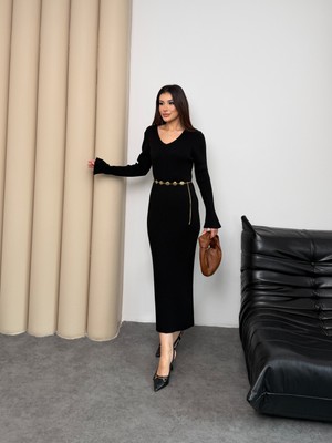 Miramore Butik Fitilli Triko Uzun Elbise V Yaka Kadın Elbise