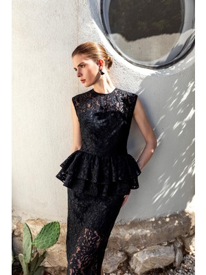 Kameya Volanlı Dantel Midi Elbise