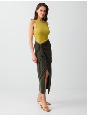 Jimmy Key Haki Normal Bel Yırtmaç Detaylı Modal Örme Midi Etek