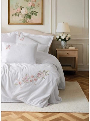 Trend Movira 3D Nakışlı Çift Kişilik Saten Nev Takımı Floret Beyaz