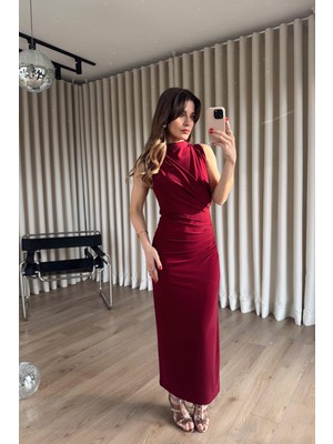 Sue Store Bordo Beli Drapeli Sıfır Kollu Yırtmaçlı Maxi Boy Elbise