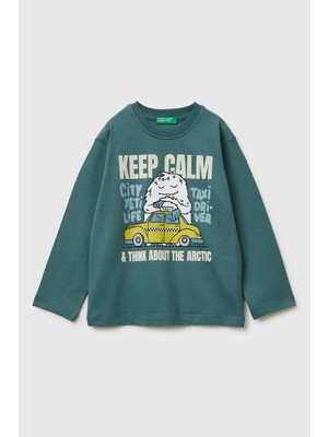 United Colors Of Benetton Yeşil Erkek Ek_baskılı Bisiklet Yaka Uzun Kollu T-Shirt Model Kodu: 3ATNG10KU19W