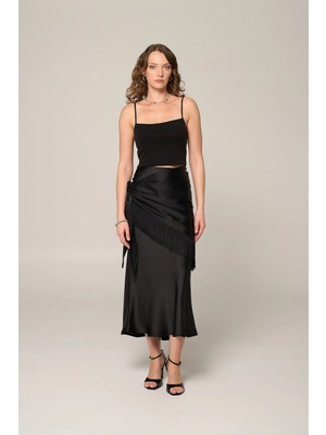 Thalure Kadın Siyah Şal Detaylı Saten Etek