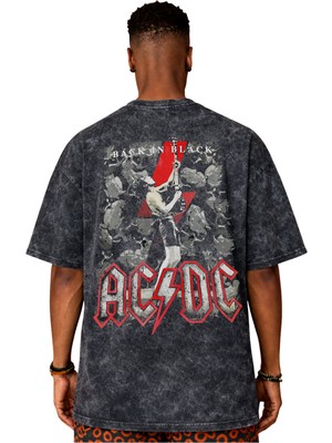 Sevbano Tasarım Ac Dc Rock Metal Müzik Grubu Sırt Baskılı Unisex Oversize Eskitme Yıkamalı Tişört