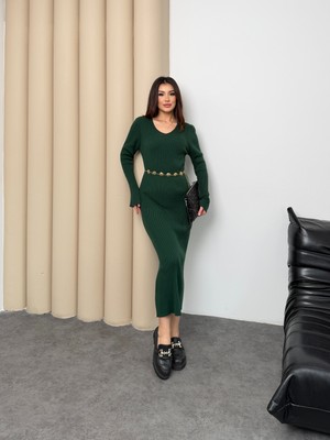 Miramore Butik Fitilli Triko Uzun Elbise V Yaka Kadın Elbise