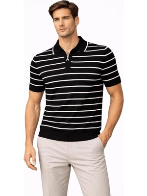 Alfanora Erkek Triko Polo Yaka Fermuarlı Çizgili Tişört T-Shirt Yazlık Şık - Siyah