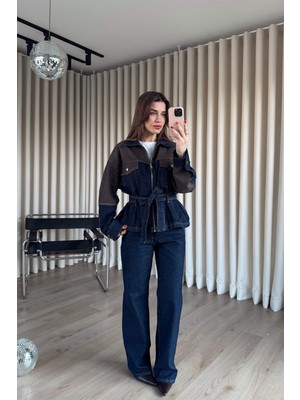 Sue Store Lacivert Kahve Fermuarlı Ceket Pantolon Denim Takım