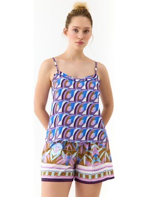 Amarelle Liberty Mor Desenli Ince Askılı, Şortlu Pijama Takımı