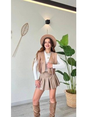 Şamdan Püskül Detaylı Modern Yelek – Güçlü ve Özgür Stil-Vizon