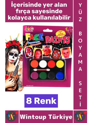 Wintoup #boyamaseti Eğlence Doğum Günü Parti Kostüm Fırçalı Maç Çocuk Palyaço Makyaj Yüz Boyama Seti 8 Renk