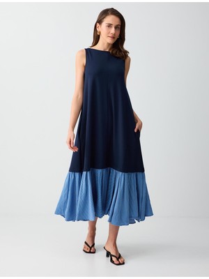 Jimmy Key Lacivert Kayık Yaka Kolsuz Renk Bloklu Örme Midi Elbise