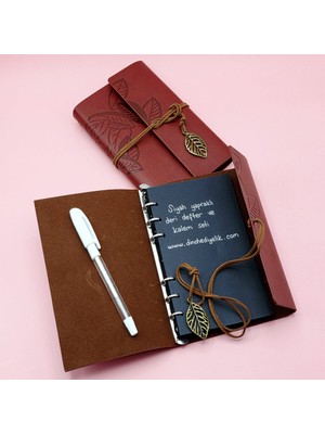 Pileli Store Kahverengi Deri Siyah Yapraklı Defter ve Beyaz Jel Kalem Seti