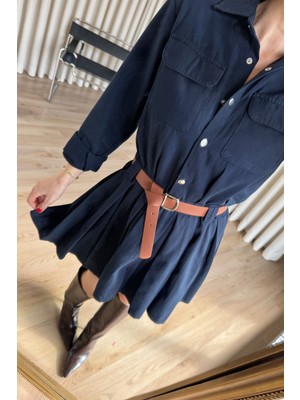 Sue Store Lacivert Çıtçıtlı Eteği Pileli Kemerli Gabardin Gömlek Elbise