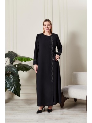 Kadın Büyük Beden Etamin Taş Işlemeli Abaya Ferace