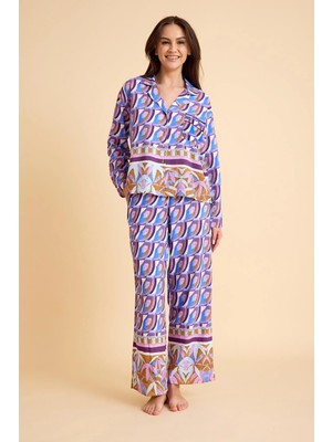 Amarelle Liberty Mor Desenli Gömlek Yaka Pijama Takımı-Önden Düğmeli, Viskon