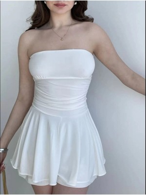 Alfanora Kadın Straplez Mini Etek Görünümlü Şortlu Elbise Büzgülü Şık Yazlık - Beyaz