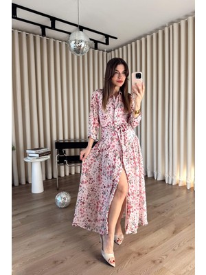 Sue Store Pembe Çiçek Desenli Astarlı Kuşaklı Maxi Boy Şifon Gömlek Elbise