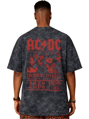 Sevbano Tasarım Ac Dc Rock Metal Müzik Grubu Sırt Baskılı Unisex Oversize Eskitme Yıkamalı Tişört