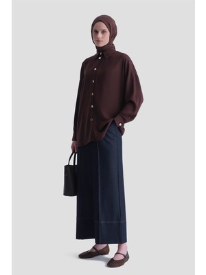 Armine Metal Düğmeli Oversize Tunik Acı Kahve