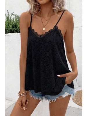 Flamex Kadın Ip Askılı V Dantel Yakalı Dantel Bluz