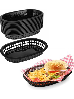 Akyüz Plastik 🍔 10'lu Plastik Hamburger, Patates, Nachos ve Atıştırmalık Servis Sepeti, Restoran Sepeti-Siyah