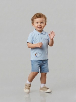 Sani Erkek Bebek Gemi Desenli Kot Şortlu Takım